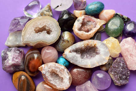 Gems of various colors. Geode amethyst, rose quartz, agate, apatite, aventurine, olivine, turquoise,...