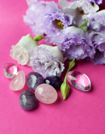 Beautiful violet eustoma flowers (lisianthus) in full bloom with natural stones amethyst and rose quartz. Flowers and semi-precious stones on a pink background.の写真素材