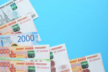 Money of Russia. Banknotes and coins. Close-up of Russian rubles of various denominations. Finance concept. Copy spaceの写真素材