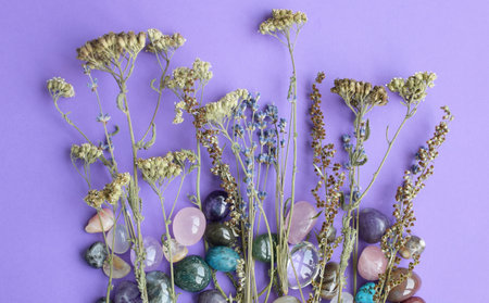 Wild dry herbs and semi-precious crystals of amethyst and rose quartz lie on the purple table. Magic amuletsの写真素材
