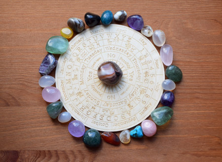 Gemstones for zodiac signs, minerals on the zodiac chart. Predictions, witchcraft, spiritual esoteric practice.の写真素材