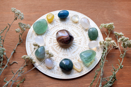 Gemstones for zodiac signs, minerals on the zodiac chart. Predictions, witchcraft, spiritual esoteric practice.の写真素材