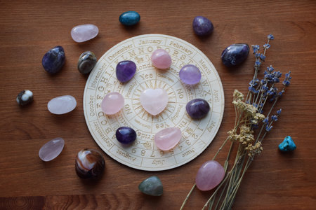 Gemstones for zodiac signs, amethysts and rose quartz on the zodiac chart. Predictions, witchcraft, spiritual esoteric practice.の写真素材