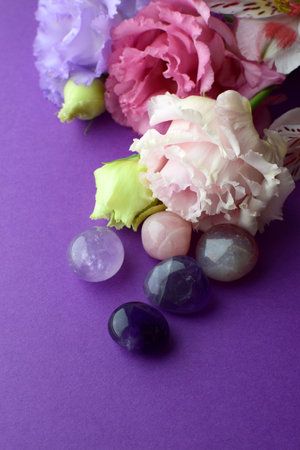 Beautiful pink eustoma flowers (lisianthus) in full bloom with natural stones amethyst and rose quartz. Flowers and semi-precious stones on a purple background.の写真素材