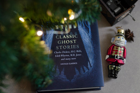 Book with Christmas ornaments and lightsのeditorial素材