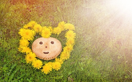 Cookies with smile symbol on a background of green grass in a wreath in the shape of a heart of dandelions in the sunlight. A horizontal frame.の写真素材