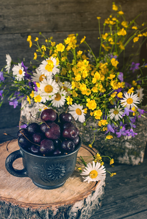 Ripe juicy cherries in a clay pot with field daisies and bells in a rustic style. The vertical frame.の写真素材