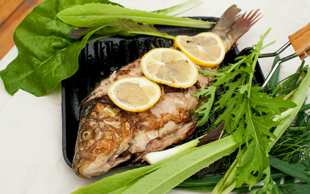 Grilled carp marinated in lemon and spices with green leaf lettuce . The horizontal frame.