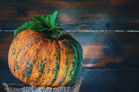 Ripe orange pumpkin rests on a wooden background in rustic style on wooden background.の写真素材