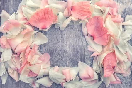 Wooden background with a pattern of pink poppy petals. Copy space. Close-up. The horizontal frame.の写真素材