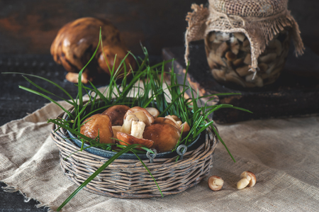 Mushrooms pickled in a jar on a rustic background, autumn, canned food cooking jars with pickled mushrooms on wooden background.の写真素材