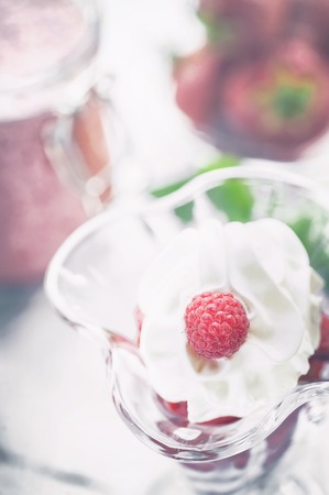 Healthy Breakfast muesli with fruit strawberries and raspberries with cottage cheese and yogurt .Selective focus. The concept of a higher power.の写真素材