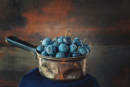 Autumn harvest of blue sloe berries on a wooden stand . Copy space. Rustic style.の写真素材