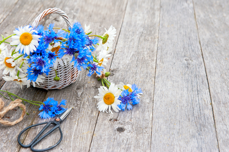 Bouquets of beautiful wild flowers of daisies and cornflowers on a wooden old background. Congratulation.の写真素材