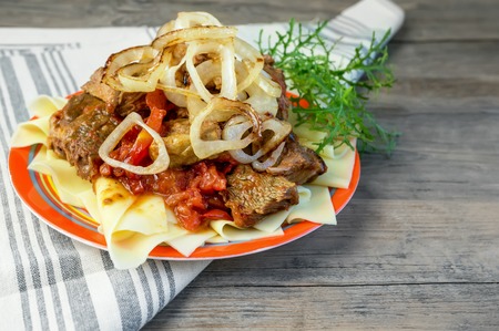 Traditional dish of Turkic people in Central Asia Beshbarmak. Copy spase