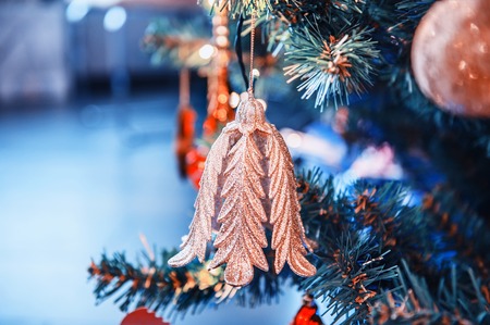 Beautiful Christmas jewelry lies on a table in a white wooden box. Decoration of the house by Christmas.の写真素材