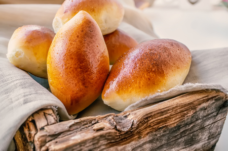 Freshly baked fragrant homemade small meat patties with an appetizing crust.の写真素材