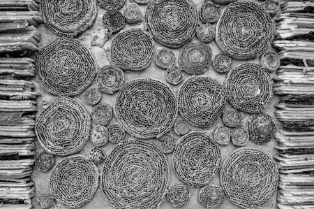 twisted turns of corrugated cardboard background abstraction. Close-up. Textured background. Black and white.の写真素材