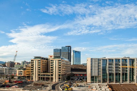Norway, Oslo August 1, 2013: construction on the waterfront near the Opera house. Construction work in a large city. Editorialのeditorial素材