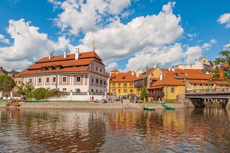 Cesky Krumlov, Czech Republic August 15 2017: beautiful view of a fragment of the embankment and the coastal area of the Vltava river.のeditorial素材