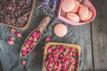 Rosebud tea . Rose Bud tea is made from real rose buds plucked when they are young and then dried.の写真素材