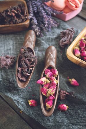 Rosebud tea . Rose Bud tea is made from real rose buds plucked when they are young and then dried.の写真素材
