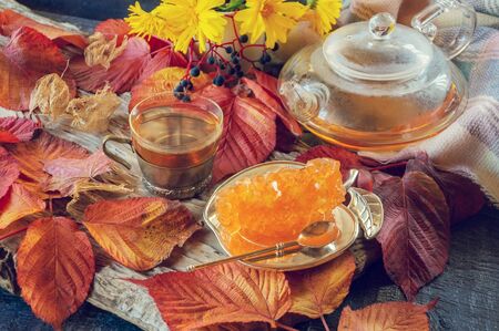 beautiful autumn composition with tea. autumn leaves and a Cup with a clear teapot and grape sugar on a rustic tree background. the concept of the fall season. soft selective focus.の写真素材