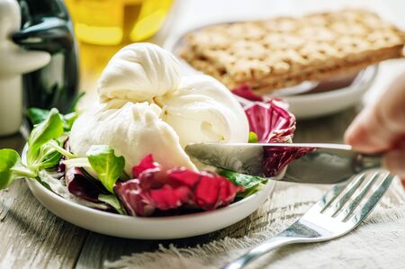 Sliced burato Cheese and salad on a white platter. Lollo Rosso lettuce, cress salad and other green herbs. The concept of a healthy diet for the weight loss . Italian dish. Selective focus.の写真素材