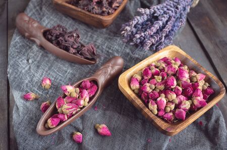 Rosebud tea . Rose Bud tea is made from real rose buds plucked when they are young and then dried.の写真素材