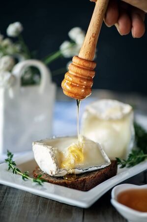 Traditional French goat milk cheese Saint-Maure-de-Touraine on a piece of delicate farm bread with honey. Russian farm products. Close up. Selective focus.の写真素材