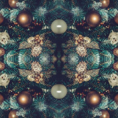 Teal orange Christmas background with decorated tree toys. Celebrate on the Christmas tree with colorful balloons decorations. seamless textureの写真素材