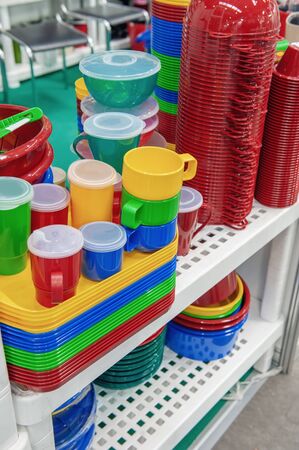 The products of plastic ware, subjects of care of plants on display in a supermarket. Replacement of disposable tableware.の写真素材