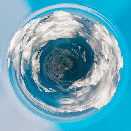 Views of clouds and land from airplane window from a height. Panorama 360