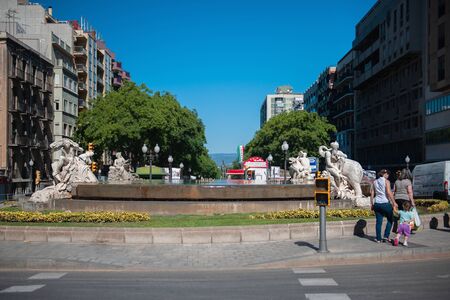 Tarragona, Spain-August 9, 2013: view of a sculpture near the fountain symbol of the four parts of the world.のeditorial素材
