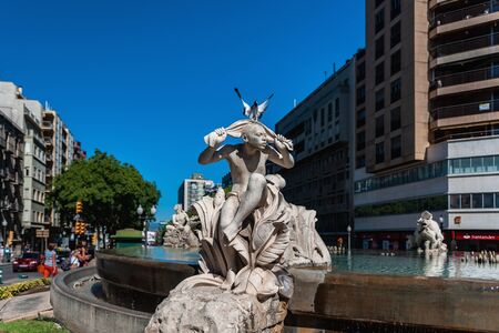 Tarragona, Spain-August 9, 2013: view of a sculpture near the fountain symbol of the four parts of the world.のeditorial素材