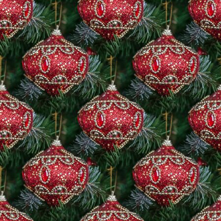 Beautiful Christmas decorations big red shiny ball hanging on Christmas tree. Home decoration for...
