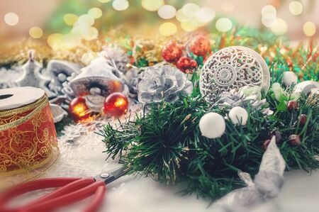 Set of ornaments for the Christmas tree. Homemade wreaths and garlands to decorate the house for the holiday.の写真素材