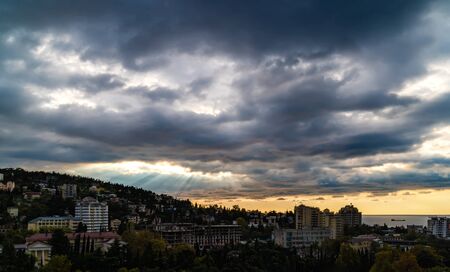 Beautiful sky landscape, blue and yellow sky, amazing view of the space between the clouds, the...