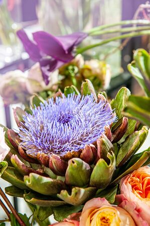Flower of the artichoke plant in the florist's composition. The Mature fruit of the Artichoke close-up. Selective focus.の写真素材