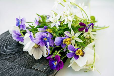 bouquet of wild flowers anemones and violets on an old wooden Board.の写真素材