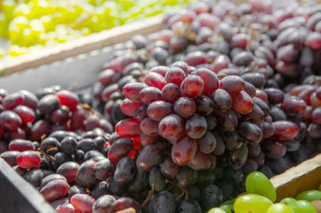 Bunches of red grapes on the counter of the farmers  market. The grapes are prepared for sale....