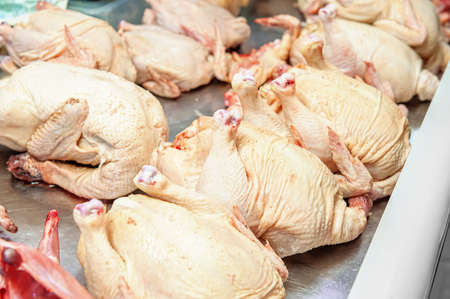 Fresh homemade chicken carcass on the counter of the meat pavilion, raw chicken carcasses sold in the market counter.の写真素材