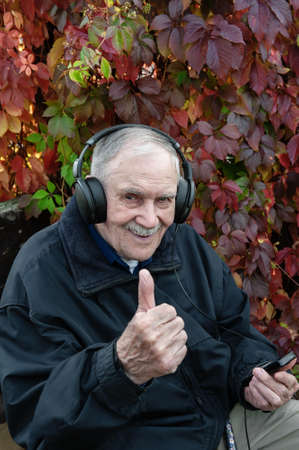 Portrait of a mustachioed Mature man with a happy face, showing an OK gesture. An old man rests and...