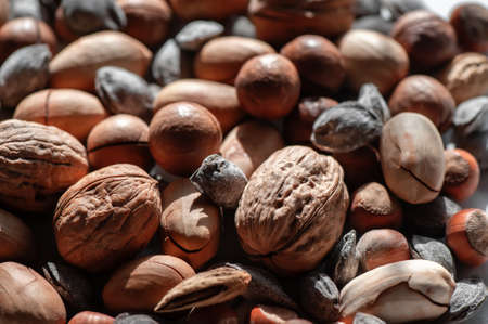 assorted nuts. Different types of macadamia nuts, walnuts and hazelnuts lie in an even layer. Background of nuts.の写真素材