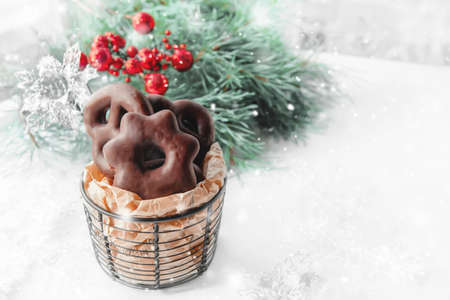 Christmas butter cookies with brown chocolate. Symbolic image. Christmas background. Copy space.の写真素材