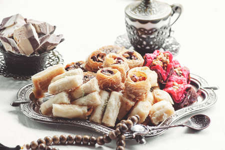 Arabic, Lebanese and Turkish sweets kataifi and kanafeh, a Traditional Eastern dessert made of thin...
