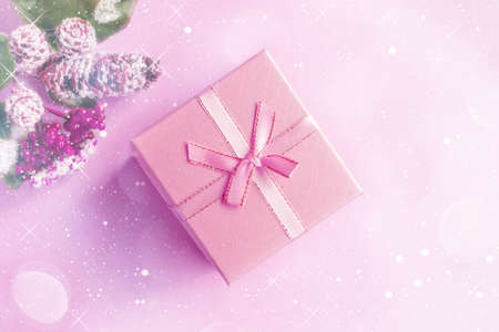Christmas gift box on a pink background with a Christmas tree branch. Copy space.の写真素材