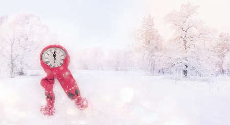 Christmas background with clock on light background. New Year at midnight-vintage clock and red...