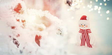 Christmas background with Christmas tree and snowman. Banner, greeting card, copy space.の写真素材