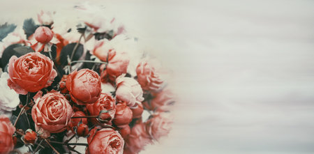 bouquet of beautiful romantic antique peony roses. Background of romantic flowers. Banner, Copy space.の写真素材